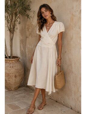 Calypso Christiane Celle Silk Wrap Dress S Ivory Cream Puff Sleeve Tie Waist